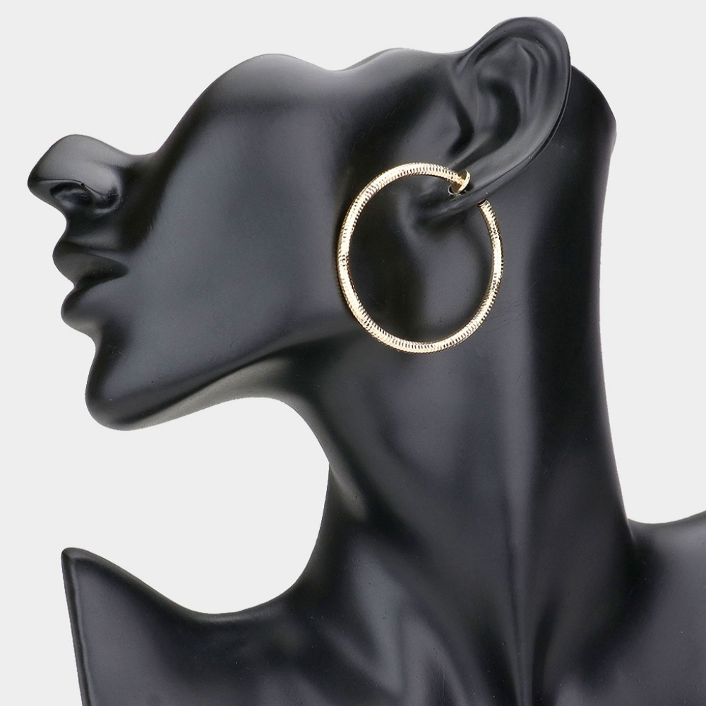 Gold Clip On Hoop Earrings 1.75 Inch Casual Simple Style Textured Jewelry ClipOn - Picture 2 of 2